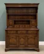 GOOD 20TH CENTURY WELSH OAK DRESSER with three shelf rack and spice drawers, base with three opening