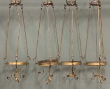 ANTIQUE BRASS HANGING LIGHT HOLDERS/CHANDELIERS, set of four, 120cms (l), 36cms (diam.)