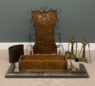 FIRESIDE ITEMS including Arts & Crafts firescreen with iron frame and beaten copper body, 112 (h)