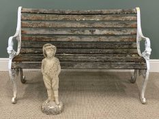 VINTAGE CAST IRON GARDEN BENCH with wooden slats, 82 (h) x 130 (w) x 64cms (d) and a small stoneware