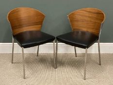PAIR OF ITALIAN STYLE DESIGNER CHAIRS in rosewood effect and chrome, with black upholstered seats