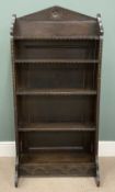 VINTAGE CARVED OAK OPEN BOOKCASE, five shelves, with steeple back, 159 (h) x 72 (w) x 36cms (d)