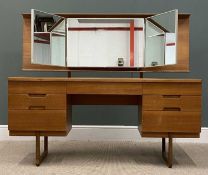 UNIFLEX MID-CENTURY TEAK DRESSING TABLE, twin pedestal with triple mirror, 127 (h) x 153 (w) x 50cms