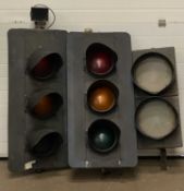 ROADSIDE/RAILWAY TRAFFIC LIGHTS, two three-light units, 119 (h) x 57 (w) x 47cms (d), and twin light