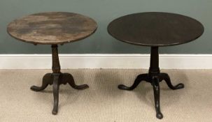 TWO ANTIQUE CIRCULAR TOPPED TRIPOD TABLES, one with birdcage, 69 (h) x 81cms (diam.), and the