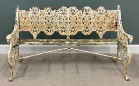ANTIQUE CAST IRON GARDEN BENCH, with wooden seat slats, in the manner of Coalbrookdale (no marks