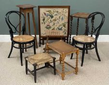 VINTAGE & ANTIQUE FURNITURE to include games table/fire screen, planter stands, bobbin and rush