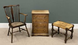 THREE ITEMS OF SMALL FURNITURE to include narrow oak four drawer chest, 70 (h) x 50 (w) x 33cms (d),