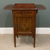 EDWARDIAN MAHOGANY NIGHT CABINET with extending top, single drawer in cupboard door, good inlay,