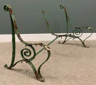 TWO VINTAGE WROUGHT/CAST IRON GARDEN BENCH ENDS WITH STRETCHERS (no slats), one painted green, 84 (