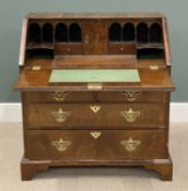 GEORGIAN WALNUT BUREAU with interior well, base with two short over two long drawers, brass drop