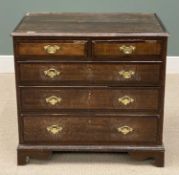GEORGIAN OAK CROSS BANDED CHEST OF DRAWERS, on bracket feet with brass drop handles, 81 (h) x 85 (w)