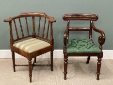 SMOKERS BOW STYLE MAHOGANY CORNER CHAIR with upholstered seat, 88 (h) x 73 (w) x 65cms (d), and