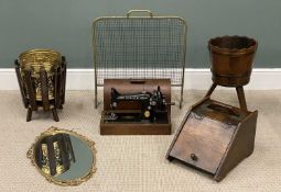 FURNITURE ASSORTMENT to include oak brass banded pail on a stand, lift top coal box, brass fire