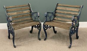 PAIR OF VINTAGE GARDEN CHAIRS, cast iron ends with mask detail and wooden slats, 77 (h) x 67 (w) x
