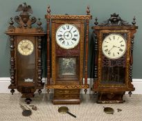THREE WALL CLOCKS comprising two marquetry pendulum types and a Vienna style, the longest 94cms (
