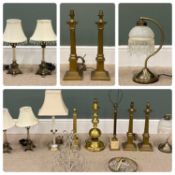 GROUP OF LIGHTING including brass/brass effect and others, the largest 52cms (h) without shade (9)