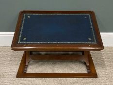 MAHOGANY TABLETOP LECTERN /WRITING STAND adjustable with tooled blue leather surface, 9 (h) x 72 (w)