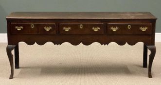 OAK SHROPSHIRE DRESSER BASE, 19th Century, with three drawers and shaped apron, 80 (h) x 188 (w) x