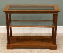 MAHOGANY THREE SHELF BOOKCASE with cross banding, two glass shelved inserts, 74 (h) x 90 (w) x 34cms
