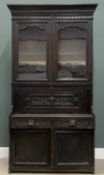VICTORIAN EBONISED BOOKCASE SECRETAIRE with lion mask detail, 225 (h) x 112 (w) x 41cms (d)
