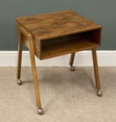 MID-CENTURY BURR WALNUT SIDE TABLE on casters, with lower tier, 61 (h) x 56 (w) x 51cms (d)
