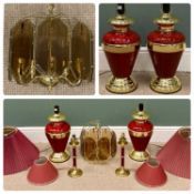 TWO PAIRS OF MODERN TABLE LAMPS in brass and rouge effect, with shades, 72cms (h) the largest
