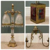 GOOD VINTAGE LIGHTING including square based brass and leaded glass hanging lantern and an elaborate