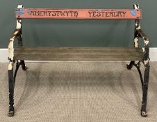 VINTAGE GARDEN BENCH with scrolled metal ends, painted black, wooden slats, 'Aberystwyth