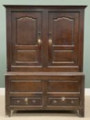 18TH CENTURY OAK PRESS CUPBOARD with fielded panels, top with deep interior and two opening doors,