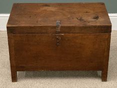 SMALL ANTIQUE HARDWOOD BLANKET BOX, on feet and with brass handles, 45 (h) x 68 (w) x 37cms (d)