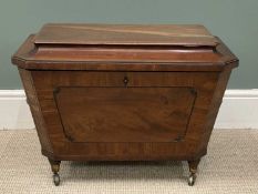 GOOD VICTORIAN MAHOGANY SARCOPHAGUS CELLARETTE, with lion mask drop handles, on brass castors, 48 (