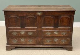 OAK MULE CHEST 18th Century, with fielded panels, lift top, and four base drawers, 92 (h) x 148 (