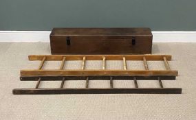 TWO VINTAGE LADDERS & HARDWOOD BOX with iron handles, 28 (h) x 135 (w) x 29cms (d), ladders