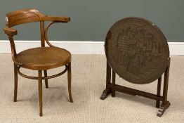 CARVED CHINESE CIRCULAR TOP FOLDING TABLE, 53 (h) x 61cms (diam.), and vintage bentwood elbow