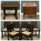 FURNITURE GROUP including draw-to-extend oak table, 76 (h) x 91/151 (w) x 83cms (d), similar era set