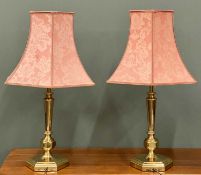 PAIR OF BRASS EFFECT TABLE LAMPS with shades and hexagonal bases, 74cms (h) Provenance: private