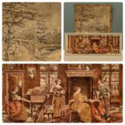 TWO LARGE VINTAGE TAPESTRIES, Eastern rural scene, 160 x 114cms, and Victorian interior scene, 72