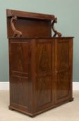 SMALL MAHOGANY TWO DOOR SIDEBOARD with shelved interior and rail-back upper shelf on acanthus