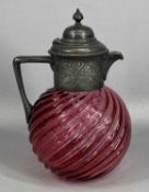 VICTORIAN CRANBERRY GLASS CLARET JUG, wrythen moulded globular body, EPBM mounts with hinged