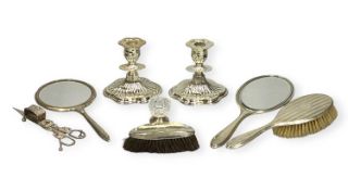 ASSORTED SILVER/SILVER-PLATE including three silver backed hair brushes and silver backed hand