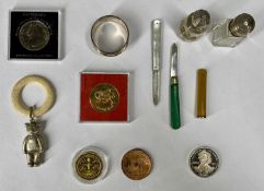 GROUP OF SILVER/COLLECTABLES including pepperette, napkin ring, teddy bear form rattle with