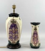 MOORCROFT 'FOXGLOVE' PATTERN TABLE LAMP, 29cms (h) to fitting, and similar waisted vase, 21cms (h)