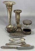 ASSORTED SILVER COLLECTABLES including a trumpet form vase having pierced rim and weighted base,