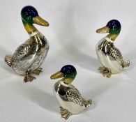 ITALIAN SILVER & ENAMEL DUCKS, group of three graduated, 10cms (h) the tallest Provenance: private