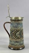DOULTON LAMBETH 1880 STONEWARE JUG of tapered conical form, incised bands of floral decoration,