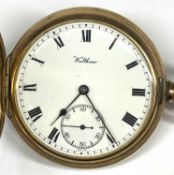 WALTHAM GOLD PLATED FULL HUNTER POCKET WATCH, keyless, signed white enamel dial with Roman