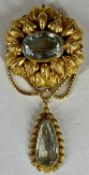 GEORGIAN STYLE YELLOW METAL TWO PIECE AQUAMARINE BROOCH/PENDANT, repoussé work decoration, 85 x