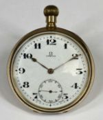 OMEGA GOLD PLATED POCKET WATCH, keyless, white enamel dial with black Arabic numerals and subsidiary