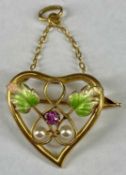 ART NOUVEAU 9CT GOLD BROOCH/PENDANT of openwork heart design, with enamel leaves, seed pearls and